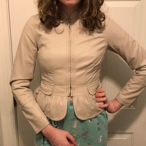 Peplum, cream cropped Leather Jacket
